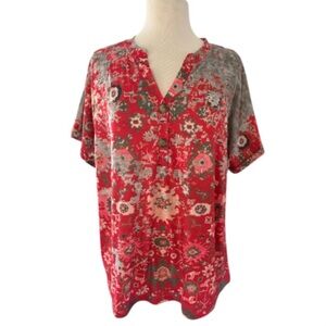 NEW Camisa Short Sleeve V Neck Bohemian Vibrant Colorful Top